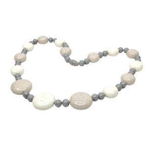 Vintage 3 Tone Grey Beige Ivory Bead Necklace Round Circle Speckled Beads 22"